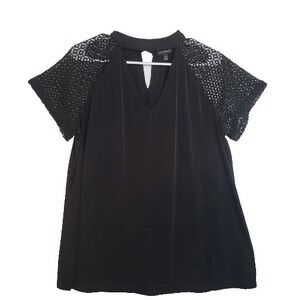 Lane Bryant Womens Overlay Pullover Blouse Black Short Sleeve‎ ~ Size 14/16